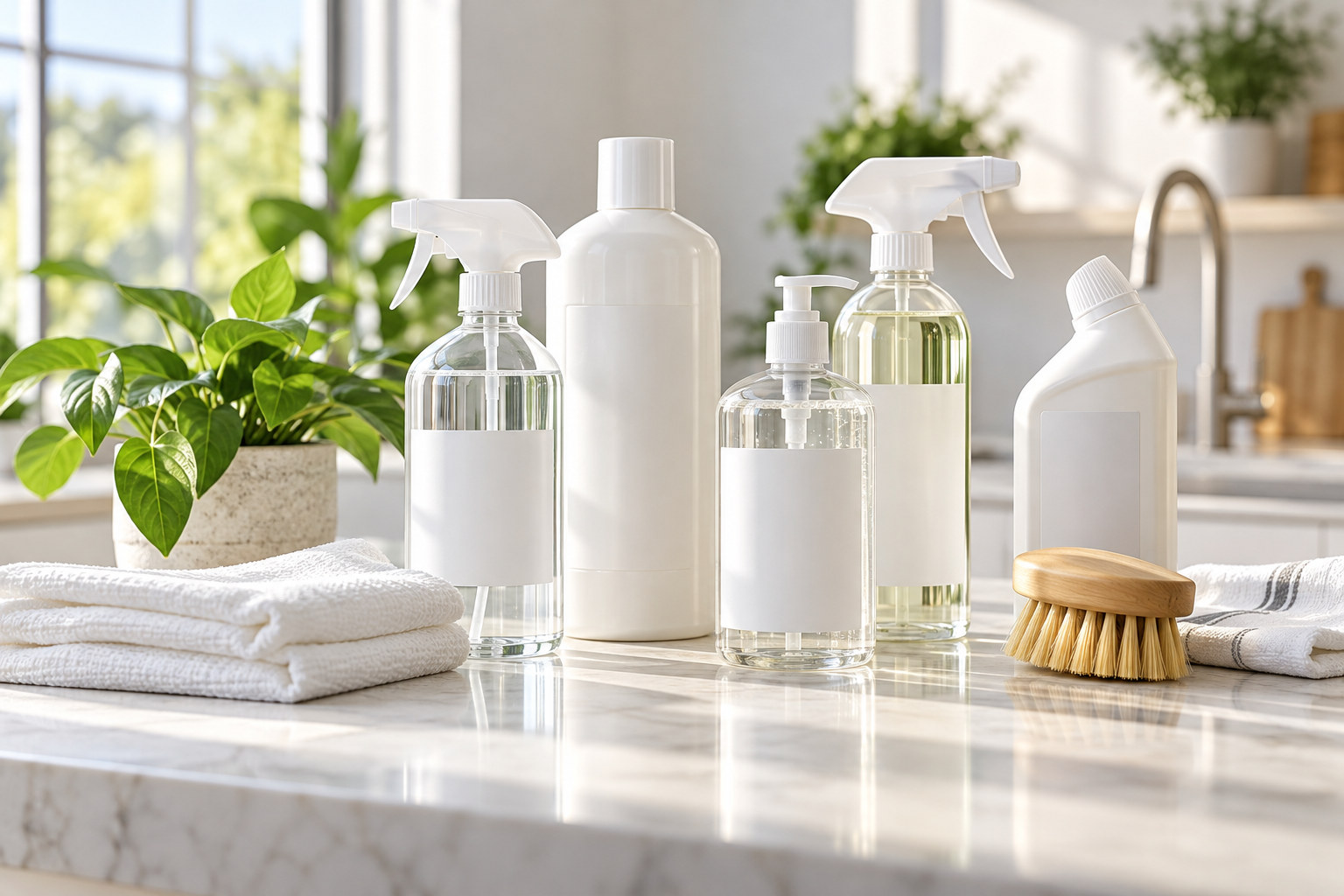Unbranded cleaning products arranged on a bright counter